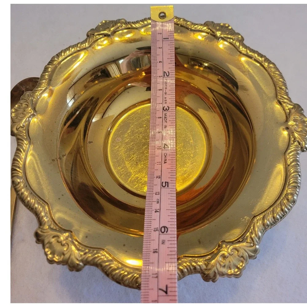 VTG Footed Serving Bowl and Ladle Set 7in Gold Tone‎ Ornate Scalloped Floral